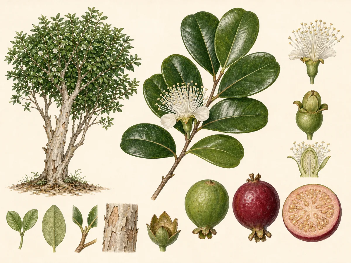 Prancha de Psidium cattleyanum com pequena árvore de casca descamante, folhas coriáceas opostas, flores brancas e frutos púrpura