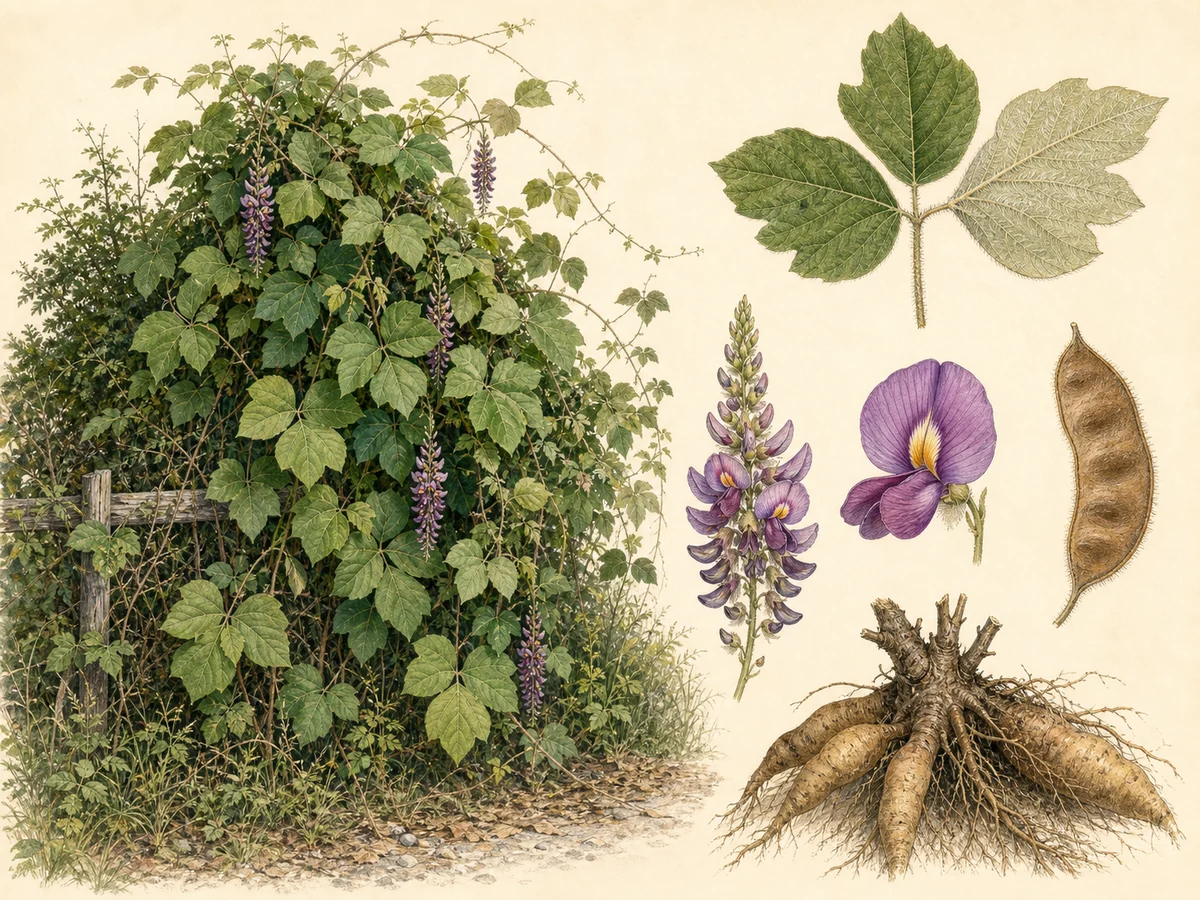 Prancha ilustrada de Pueraria lobata com trepadeira densa sobre sebe, folhas trifolioladas variavelmente lobadas, flores púrpura em racemo, vagem pubescente e coroa radicular