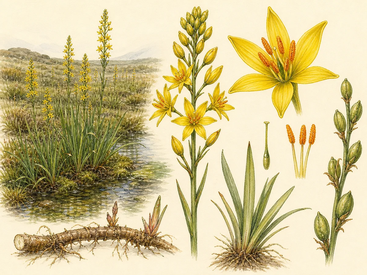 Prancha botânica de Narthecium ossifragum com rizoma, folhas ensiformes e racemo de flores amarelas estreladas com estames lanosos