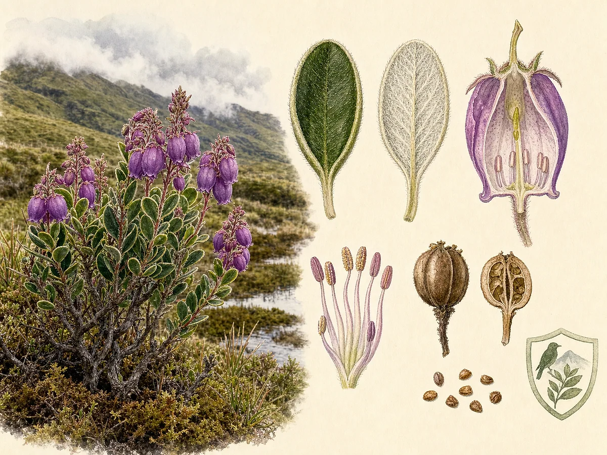 Prancha botânica de Daboecia azorica com subarbusto, folhas revolutas de face inferior branca, cachos de flores urceoladas púrpura e cápsulas