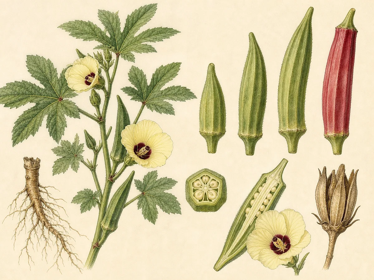Ilustração botânica de quiabeiro com folhas lobadas, flor creme de centro bordô, vagens verdes e vermelhas, cápsula seca e sementes