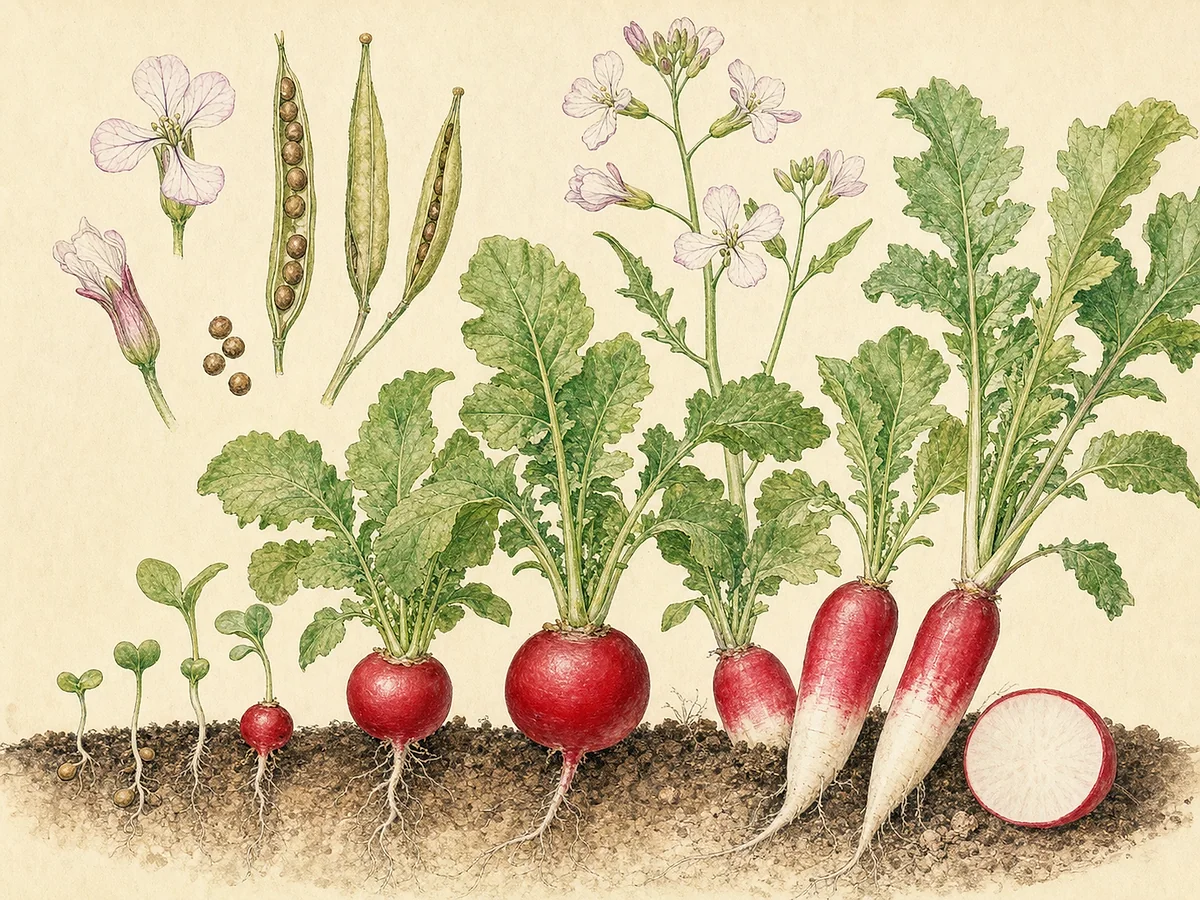 Ilustração botânica de rabanetes de salada em vários estádios com raízes redondas vermelhas e compridas brancas, folhas ásperas, flores e vagens
