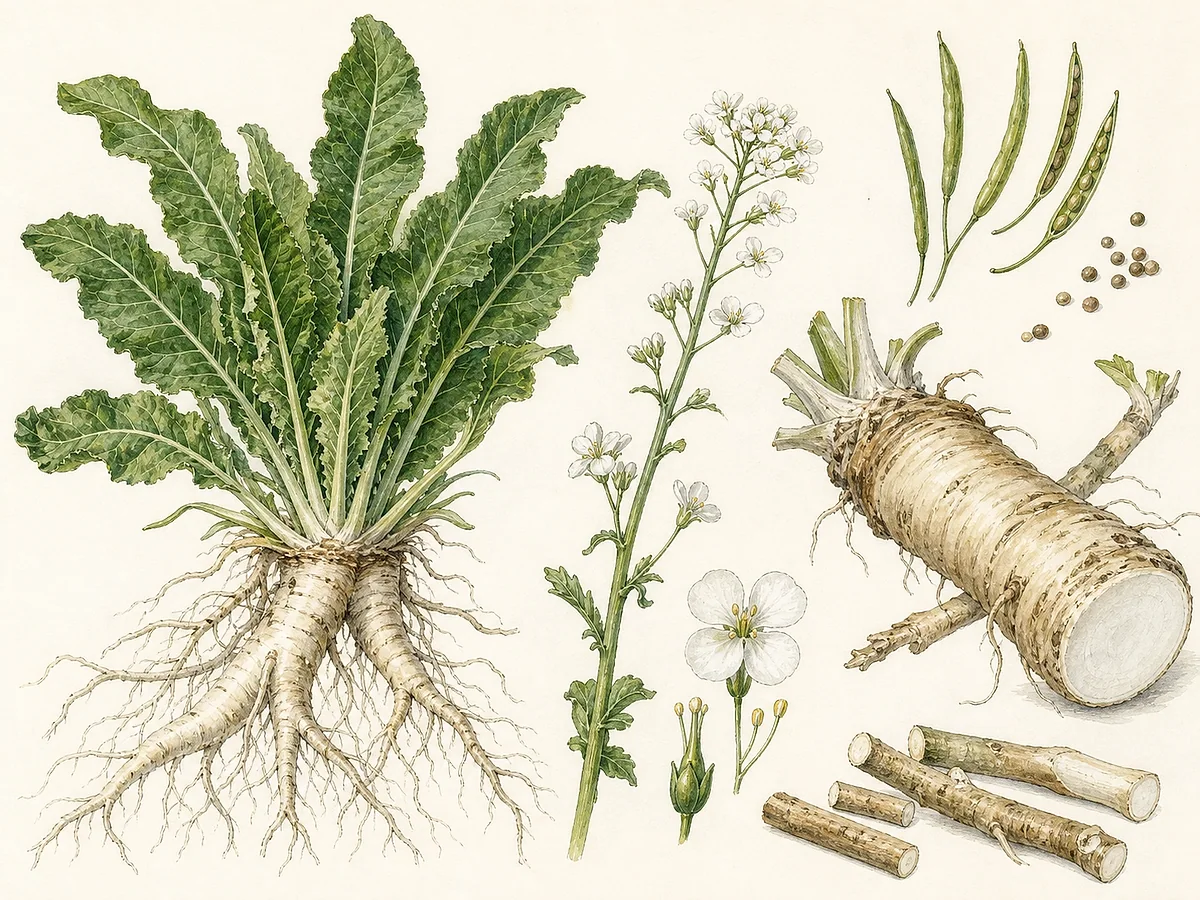 Prancha botânica de rábano-rústico com folhas basais grandes, flores brancas cruciformes, raiz longa, raízes laterais e estaca radicular