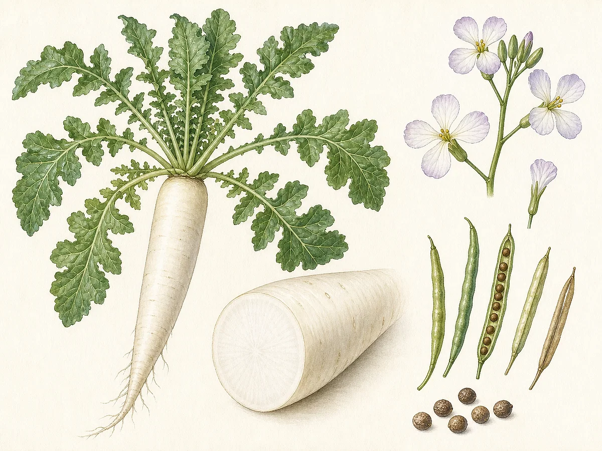 Ilustração botânica de rábano-daikon com roseta áspera, raiz cilíndrica branca muito longa inteira e cortada, flores claras, síliquas e sementes