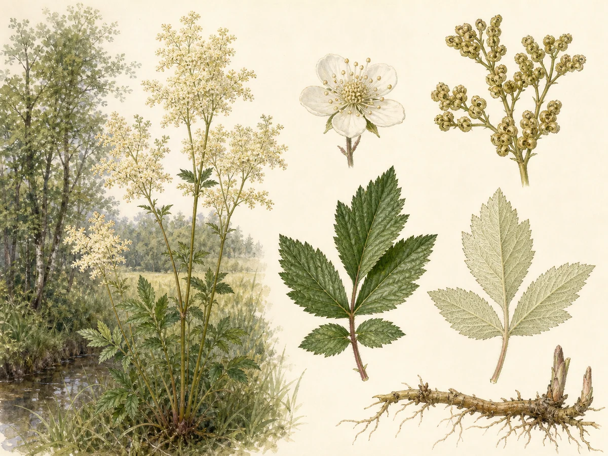 Prancha botânica de Filipendula ulmaria com rizoma, folhas pinadas de face inferior clara, folíolo terminal trilobado, panículas creme e aquénios torcidos