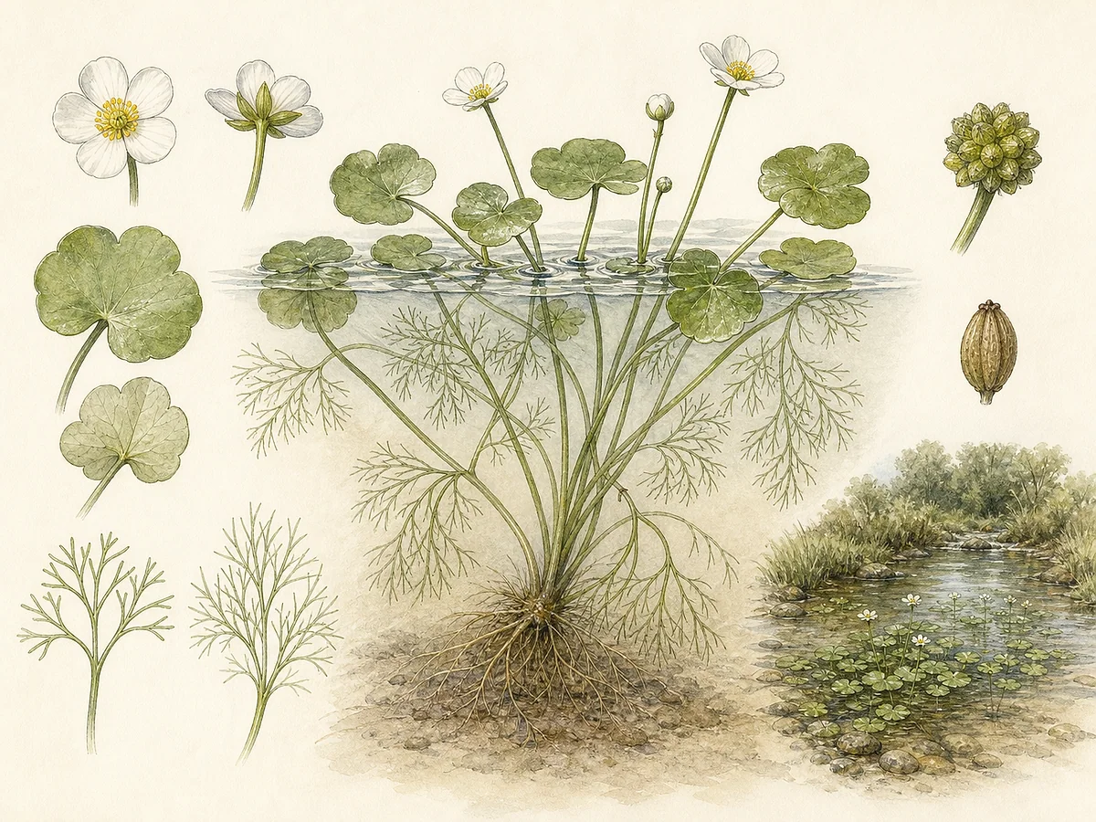 Prancha botânica de Ranunculus peltatus com folhas submersas filiformes, folhas flutuantes lobadas peltadas, flores brancas de centro amarelo, frutos e raízes