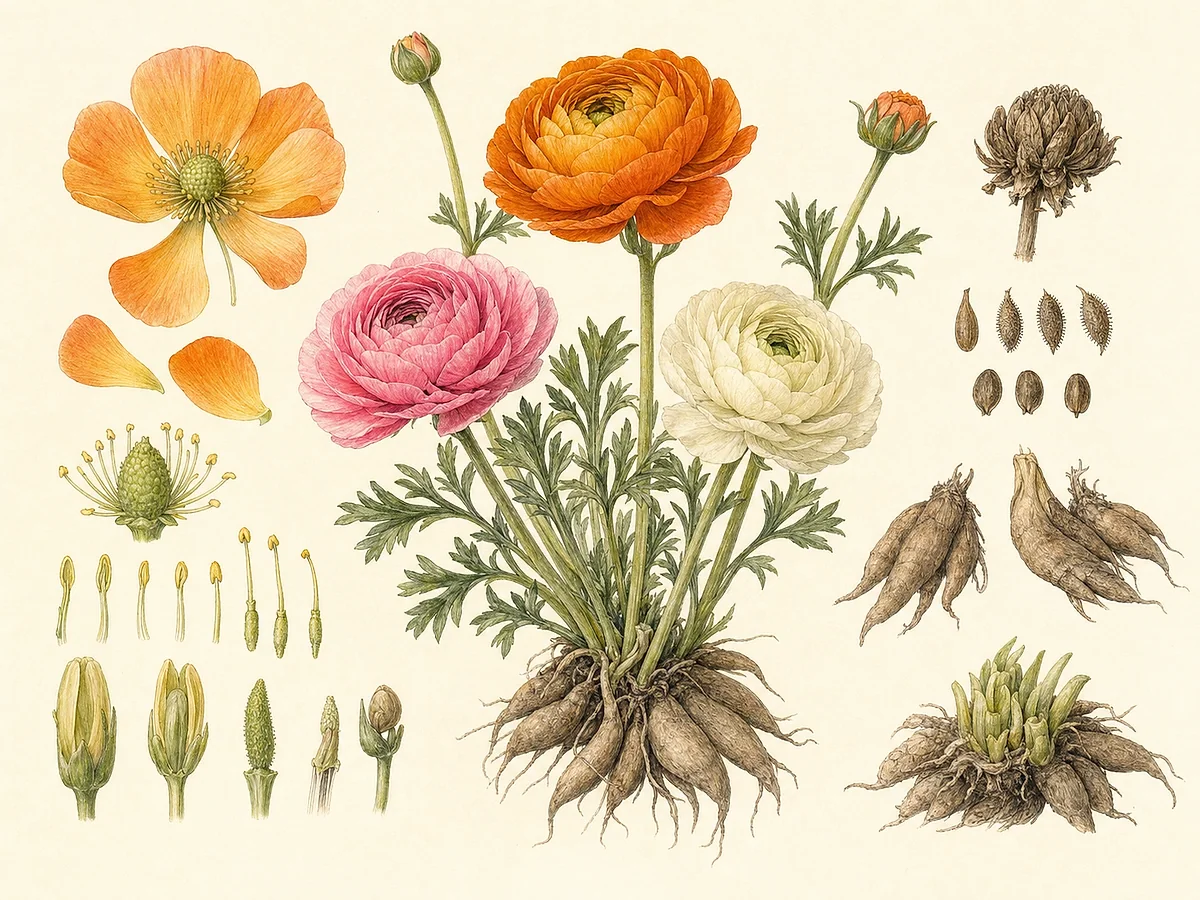 Prancha botânica de ranúnculo-da-Pérsia com folhas recortadas, flor em taça com muitas pétalas, coroa, raízes tuberosas em garra e radículas