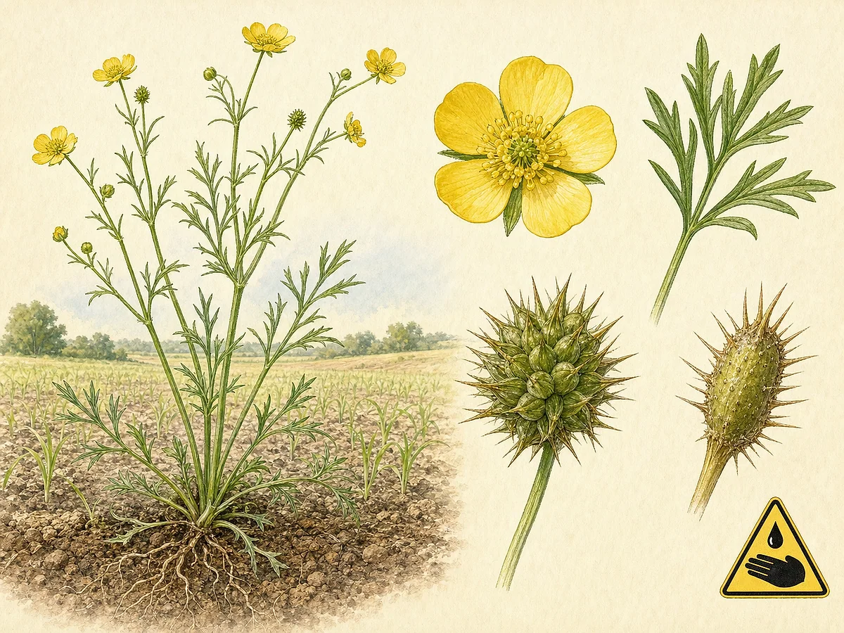 Prancha botânica de Ranunculus arvensis com folhas caulinares divididas em segmentos estreitos, pequenas flores amarelas e frutos agregados cobertos de espinhos