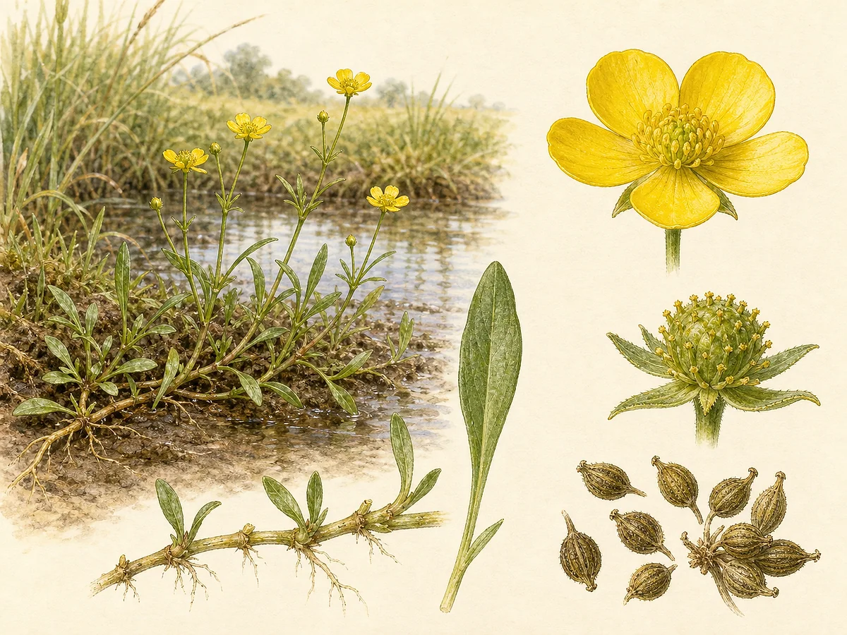 Prancha botânica de Ranunculus flammula com caules ascendentes, folhas lanceoladas inteiras, pequenas flores amarelas de cinco pétalas e aquénios