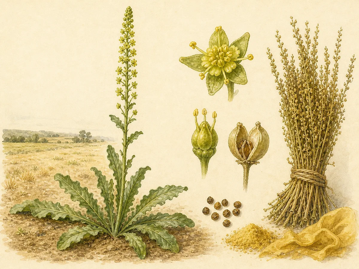 Prancha botânica de Reseda luteola com roseta de folhas inteiras onduladas, espiga alta de pequenas flores amarelo-esverdeadas, cápsulas trilobadas e feixe seco tintureiro