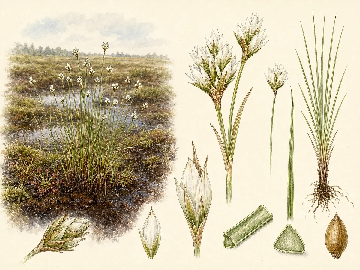Prancha botânica de Rhynchospora alba com folhas muito estreitas, caule triangular e pequenos glomérulos de espiguetas brancas