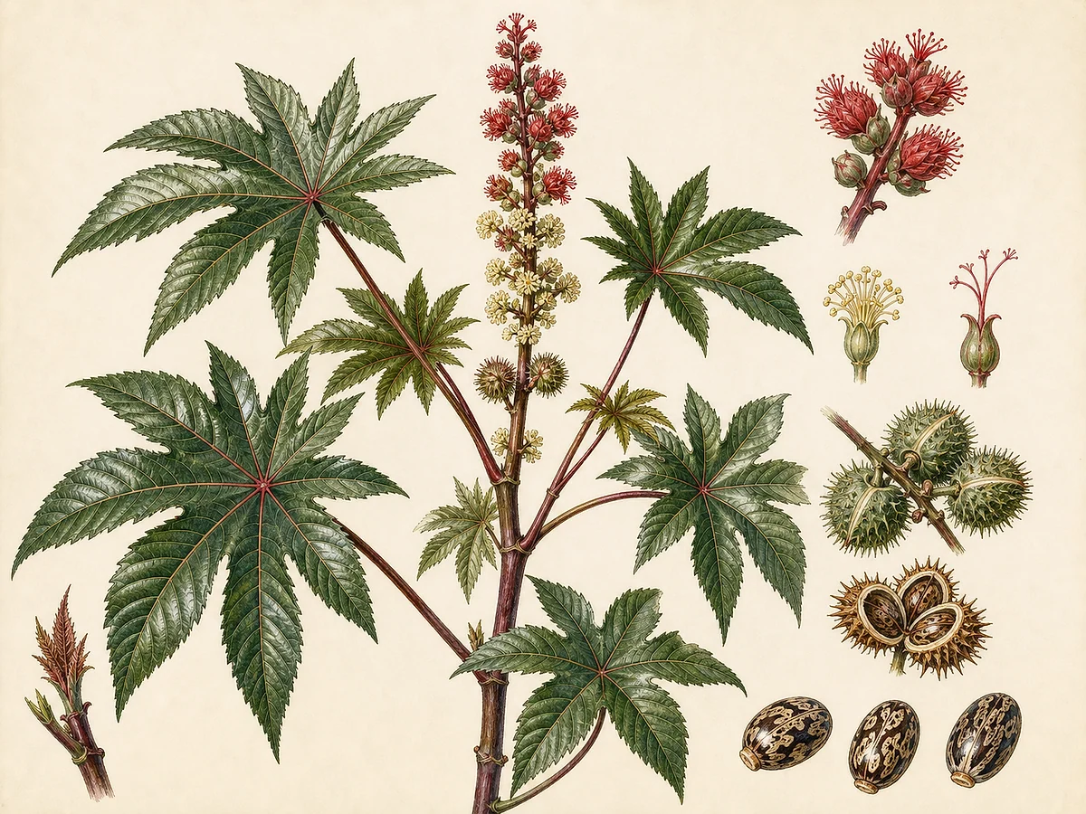 Prancha botânica de Ricinus communis com folhas palmadas, inflorescências, cápsulas espinhosas e sementes mosqueadas