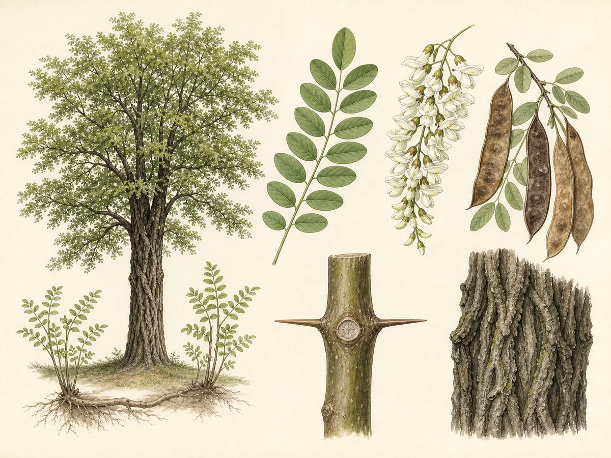 Prancha de Robinia pseudoacacia com casca profundamente fissurada, folha imparipinada, cachos brancos, vagens, espinhos estipulares e rebentos de raiz