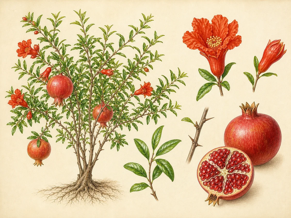 Ilustração botânica de romãzeira arbustiva com ramos espinhosos, flores vermelhas tubulares e romãs maduras, uma aberta mostrando os arilos