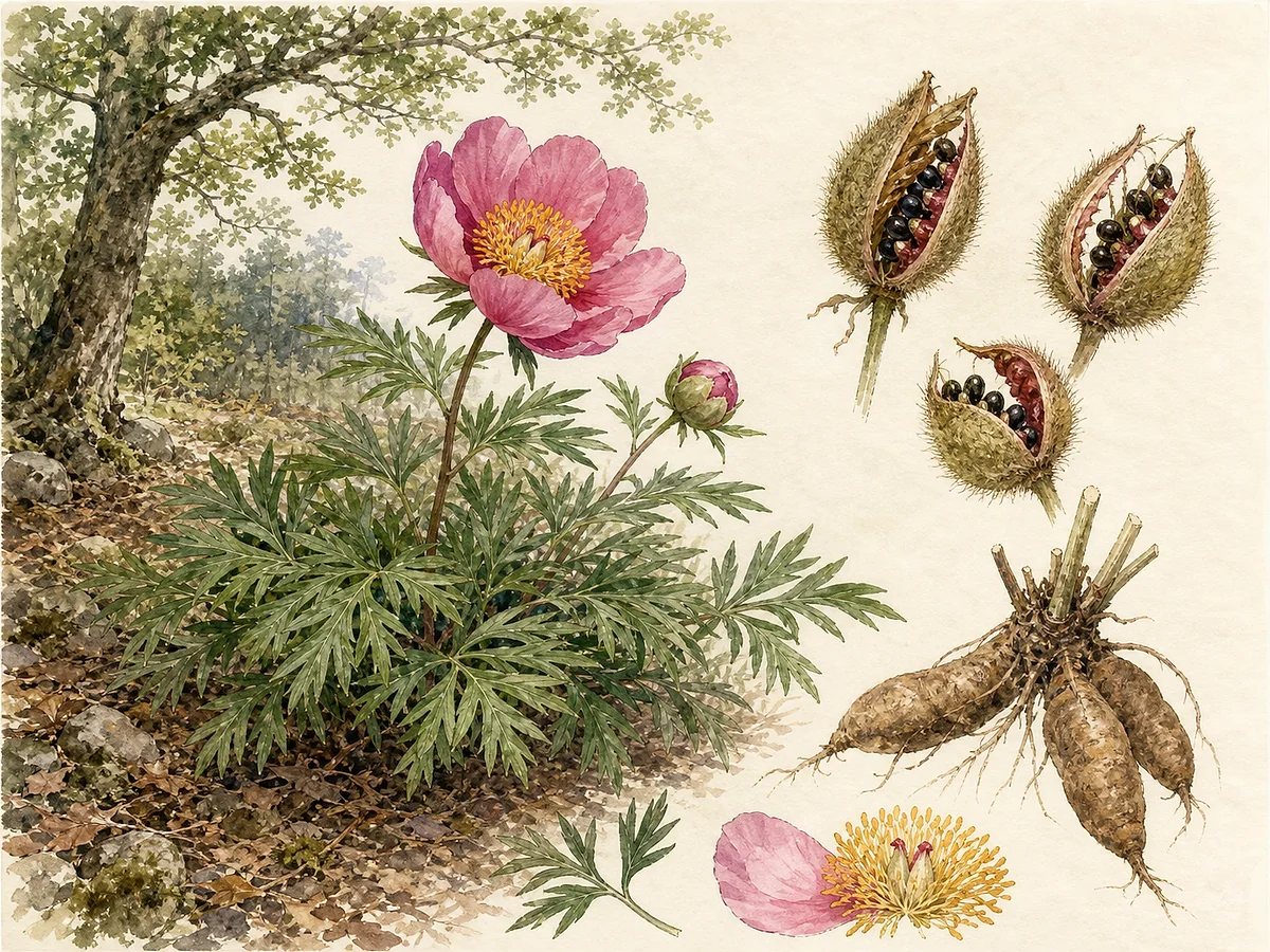 Prancha botânica de Paeonia broteri com touceira de folhas profundamente divididas, grande flor rosa de muitos estames, folículos densamente peludos e raízes tuberosas