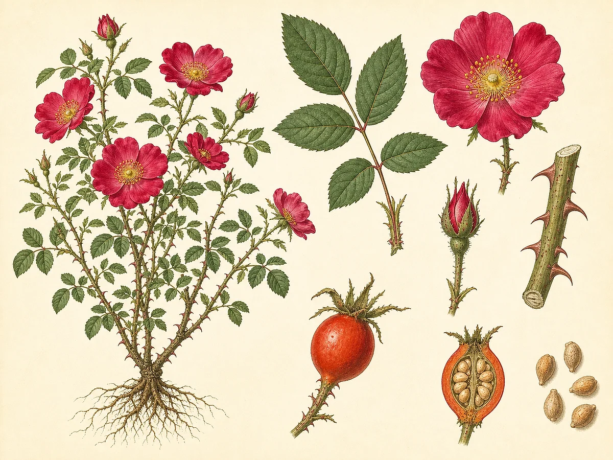 Prancha botânica de Rosa chinensis com arbusto, folhas pinadas serradas, acúleos, flores rosadas, botão, cinorrodo e sementes