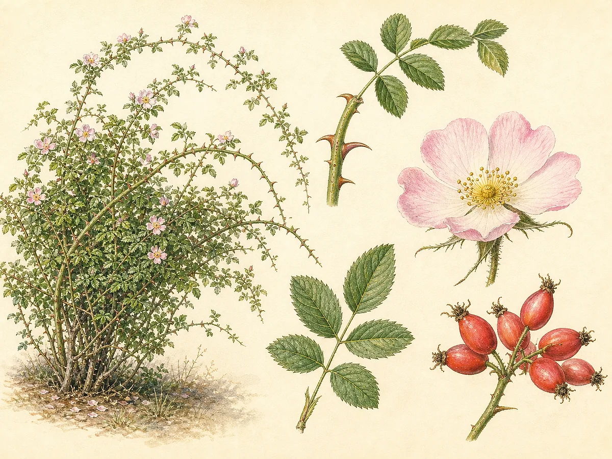 Prancha botânica de Rosa canina com ramos arqueados, acúleos curvos, folhas pinadas, flores rosa-pálido, sépalas refletidas e escaramujos vermelhos