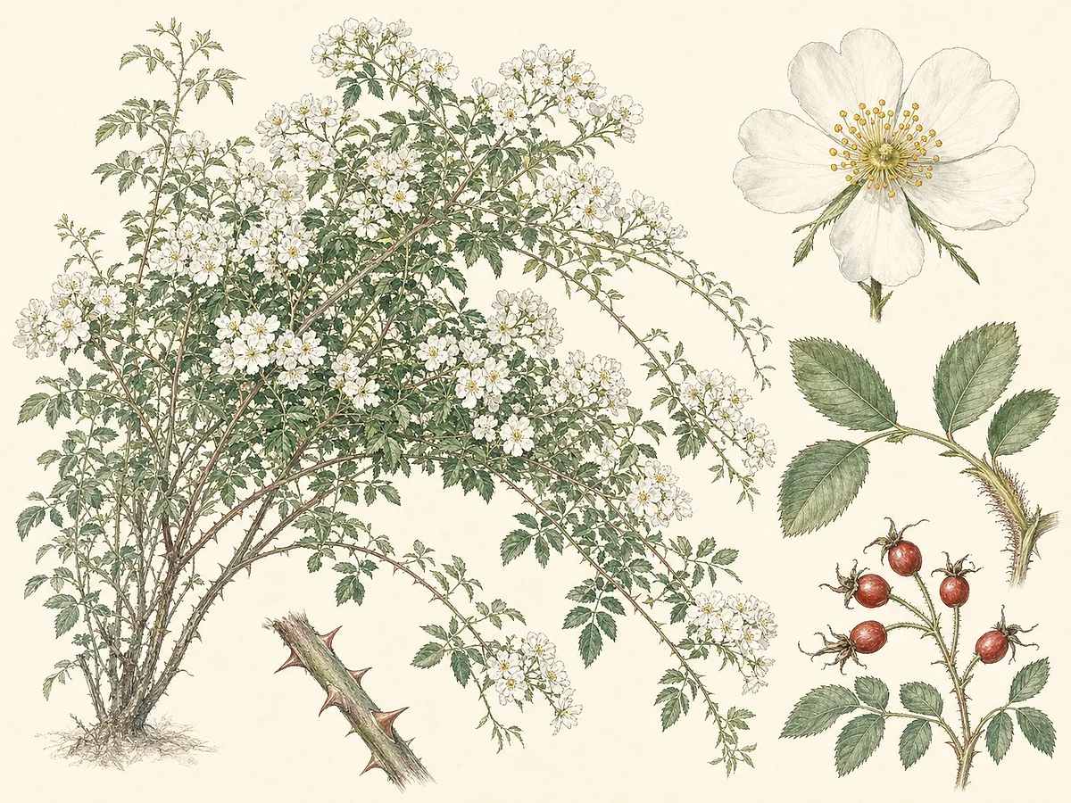 Prancha botânica documental de Rosa multiflora, introduzida registada na Madeira