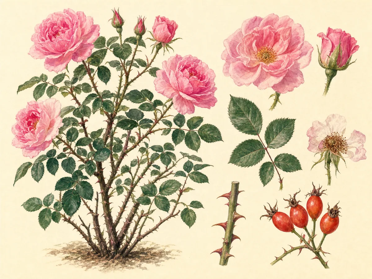 Ilustração botânica de uma roseira arbustiva com folhas serradas, espinhos, flores rosadas e escaramujos