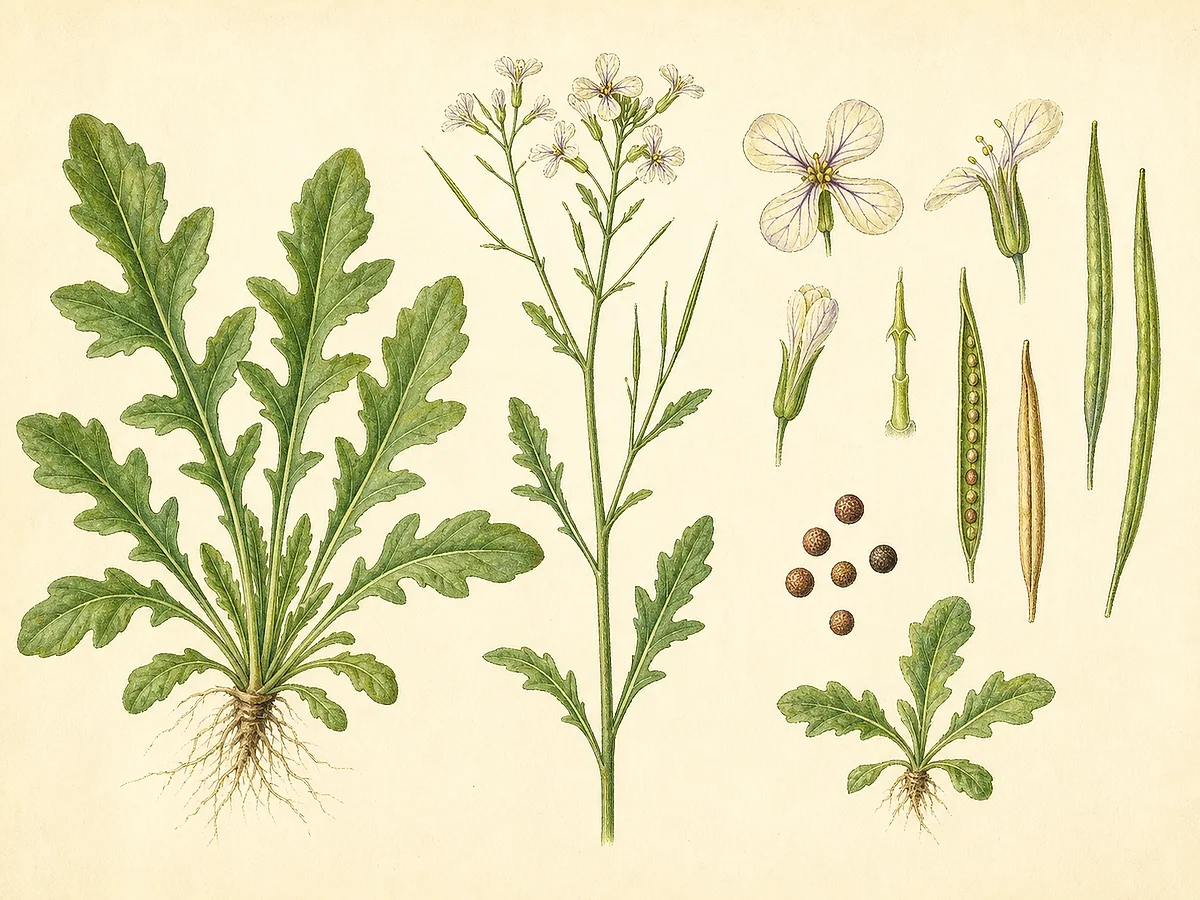 Ilustração botânica de rúcula anual com roseta de folhas recortadas, flores creme nervuradas de violeta, síliquas e sementes