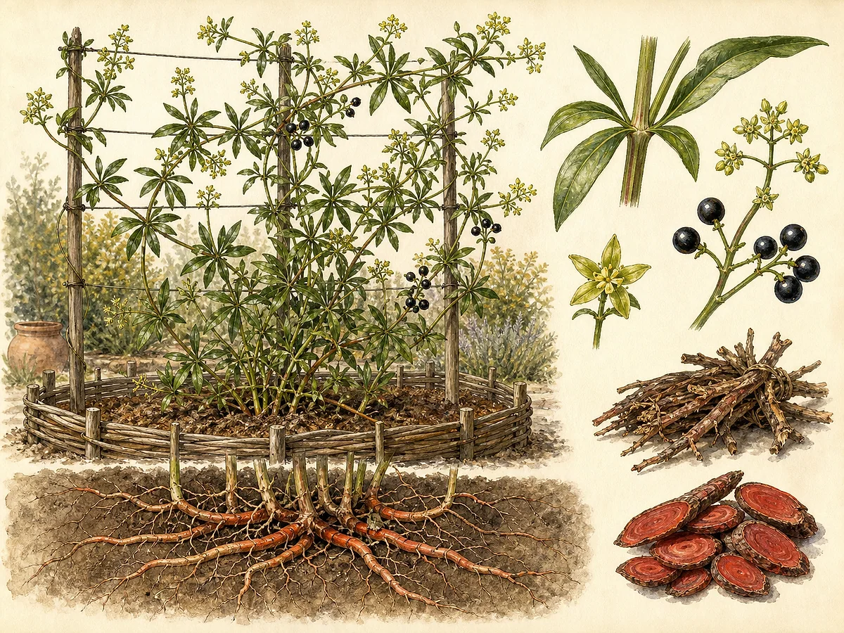Prancha botânica de Rubia tinctorum com caules quadrangulares trepadores, folhas em verticilos, pequenas flores amarelo-esverdeadas, bagas escuras e raízes vermelhas tintureiras