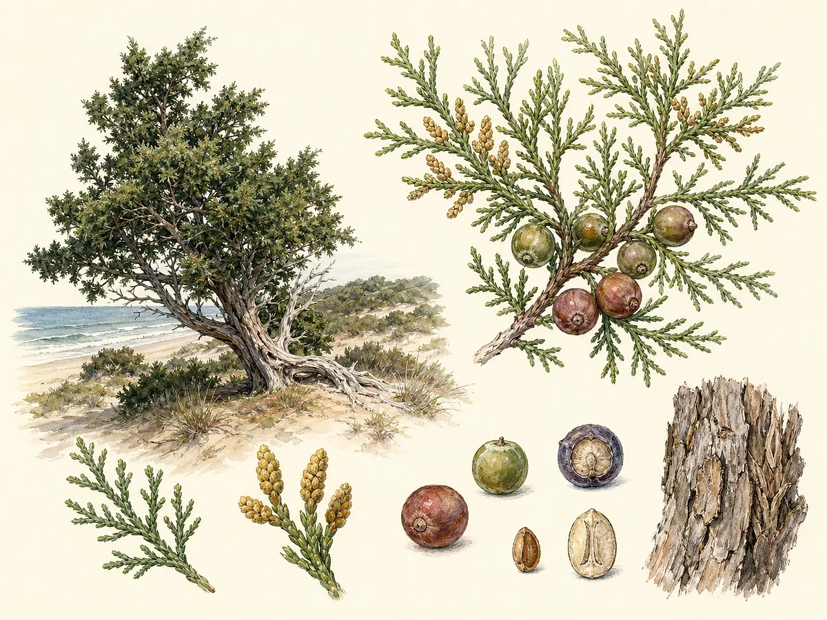 Prancha botânica de Juniperus turbinata subsp. turbinata com arbusto alto de duna, copa irregular, folhas adultas escamiformes, cones masculinos e gálbulos castanho-avermelhados