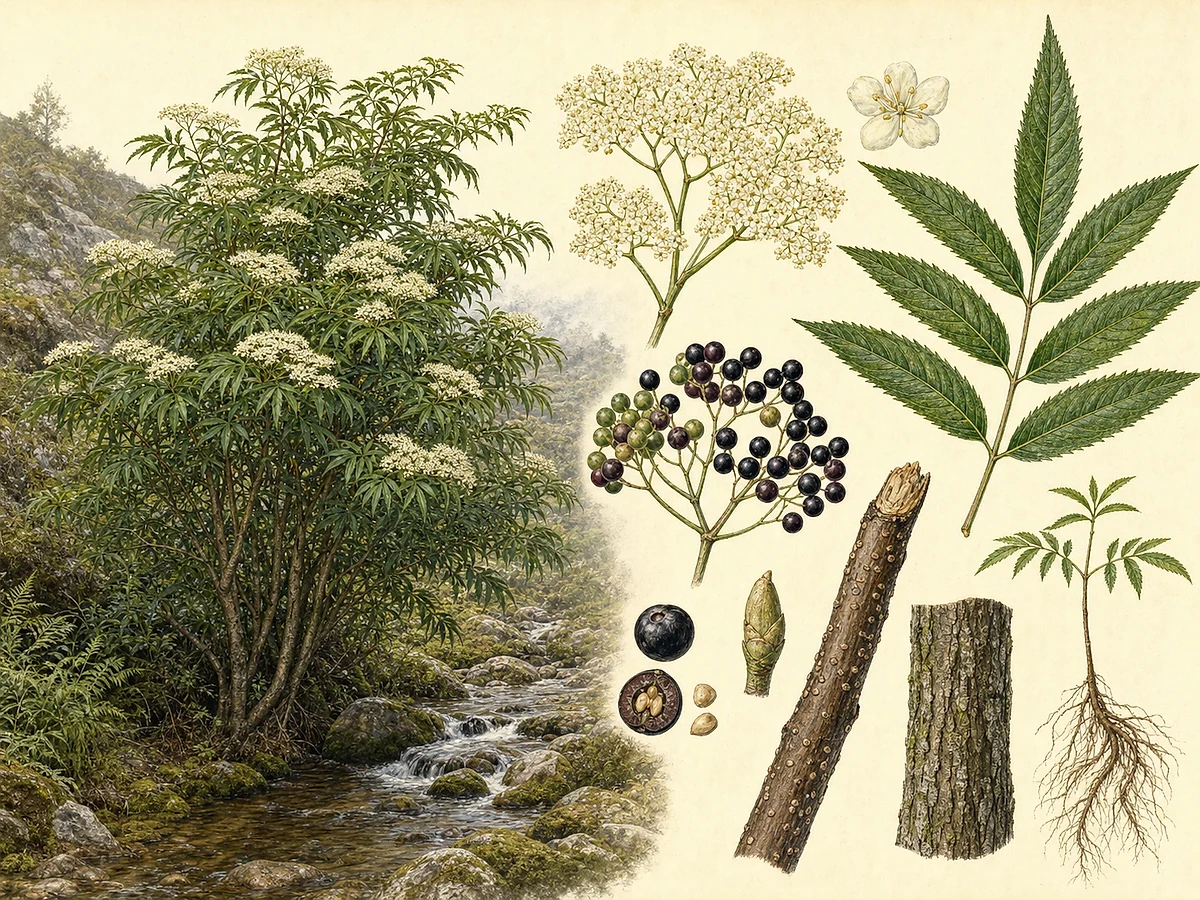 Prancha botânica de Sambucus lanceolata com pequena árvore ribeirinha, folhas pinadas serradas, corimbos de flores brancas, bagas negras, semente, casca e raízes