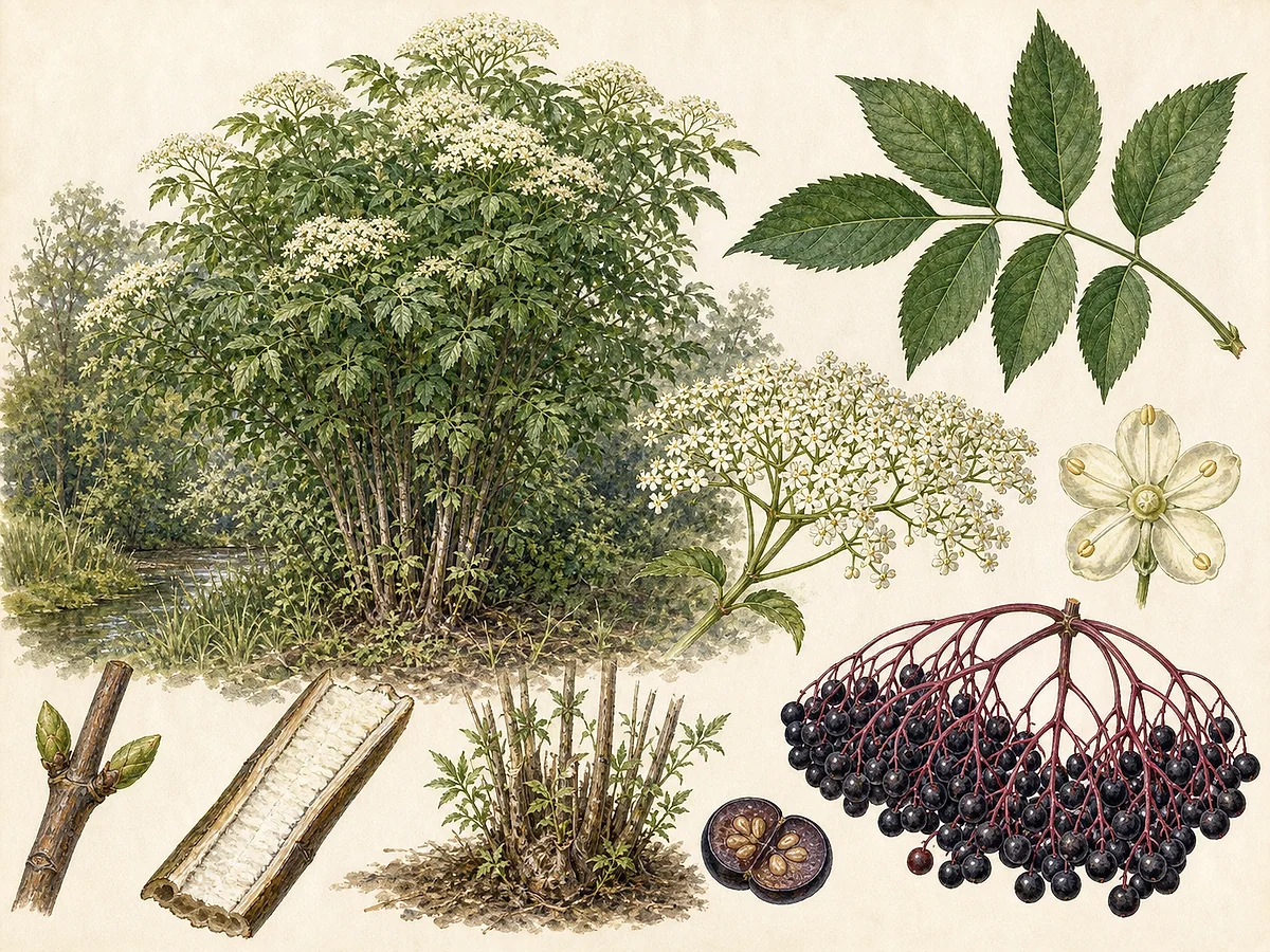 Prancha botânica de Sambucus nigra com arbusto vigoroso, folhas pinadas, medula clara exposta num ramo, corimbos planos de flores brancas e bagas negras
