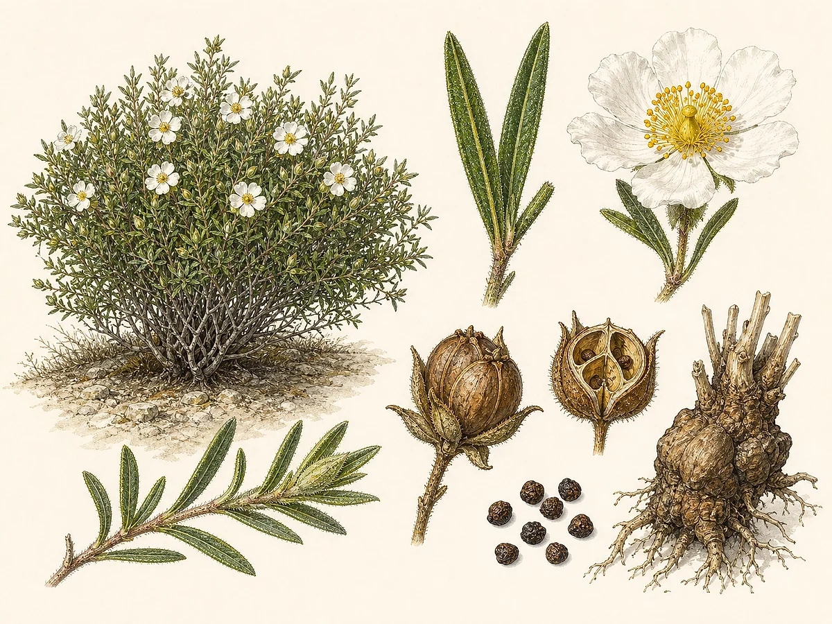 Prancha botânica de Cistus monspeliensis com arbusto mediterrânico, folhas estreitas viscosas, flores brancas, cápsulas, sementes e base lenhosa
