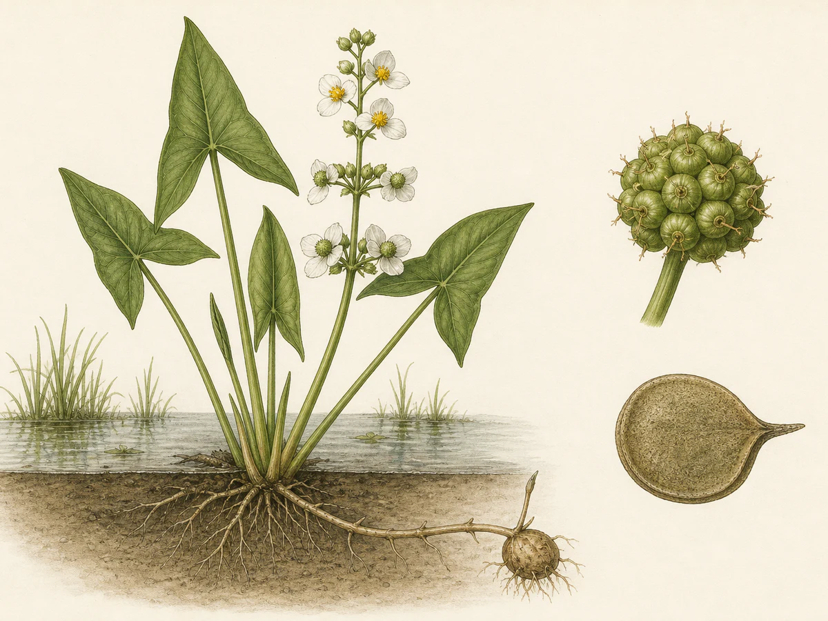 Prancha ilustrada de Sagittaria latifolia com planta emergente em água rasa, folhas sagitadas de três lobos equilibrados, tubérculo subterrâneo, inflorescência ramificada de flores brancas trímeras e aquénio de bico aberto