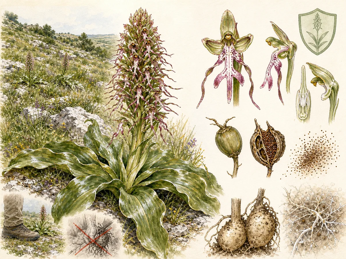 Prancha botânica de Himantoglossum robertianum com grande roseta de folhas brilhantes, haste robusta e espiga densa de flores verde-rosadas com labelo trilobado
