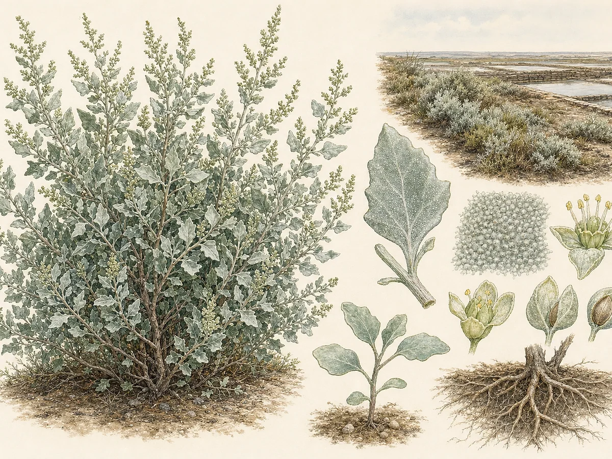 Prancha botânica de Atriplex halimus com arbusto prateado denso, folhas alternas triangulares a ovadas e farináceas, panículas florais verdes e brácteas frutíferas