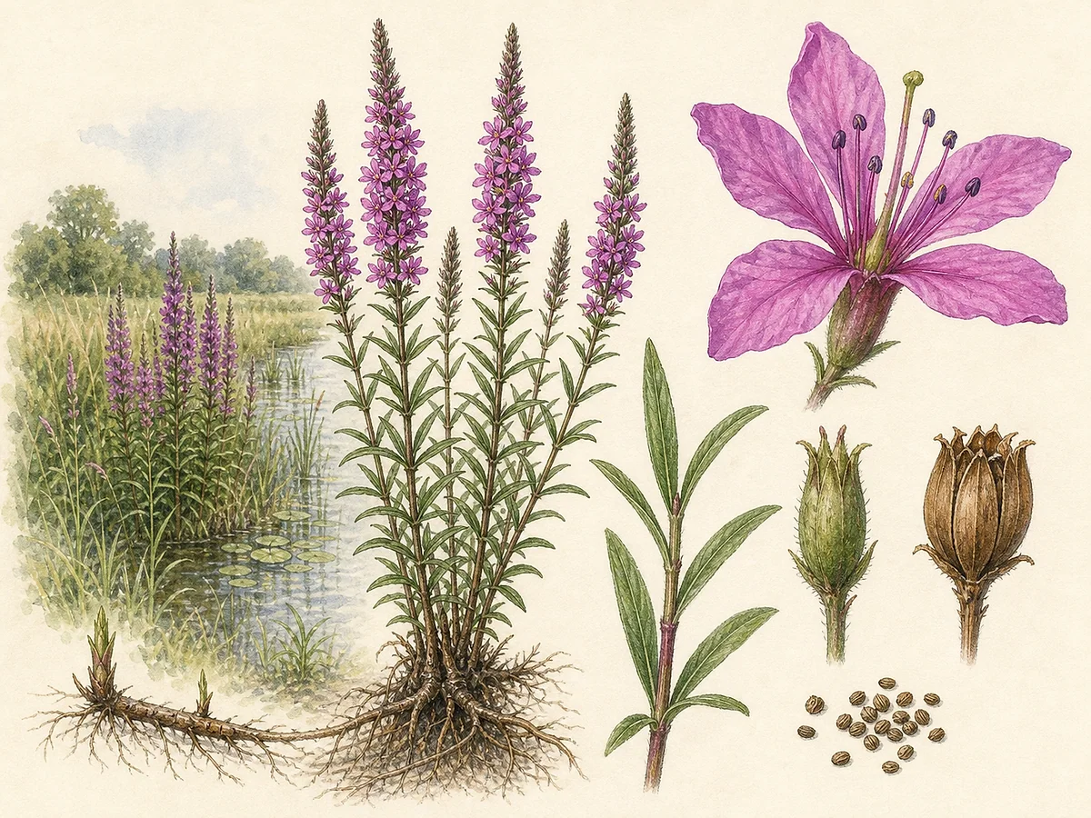 Prancha botânica de Lythrum salicaria com caules quadrangulares altos, folhas opostas lanceoladas, espigas densas de flores magenta de seis pétalas, cápsulas e raiz
