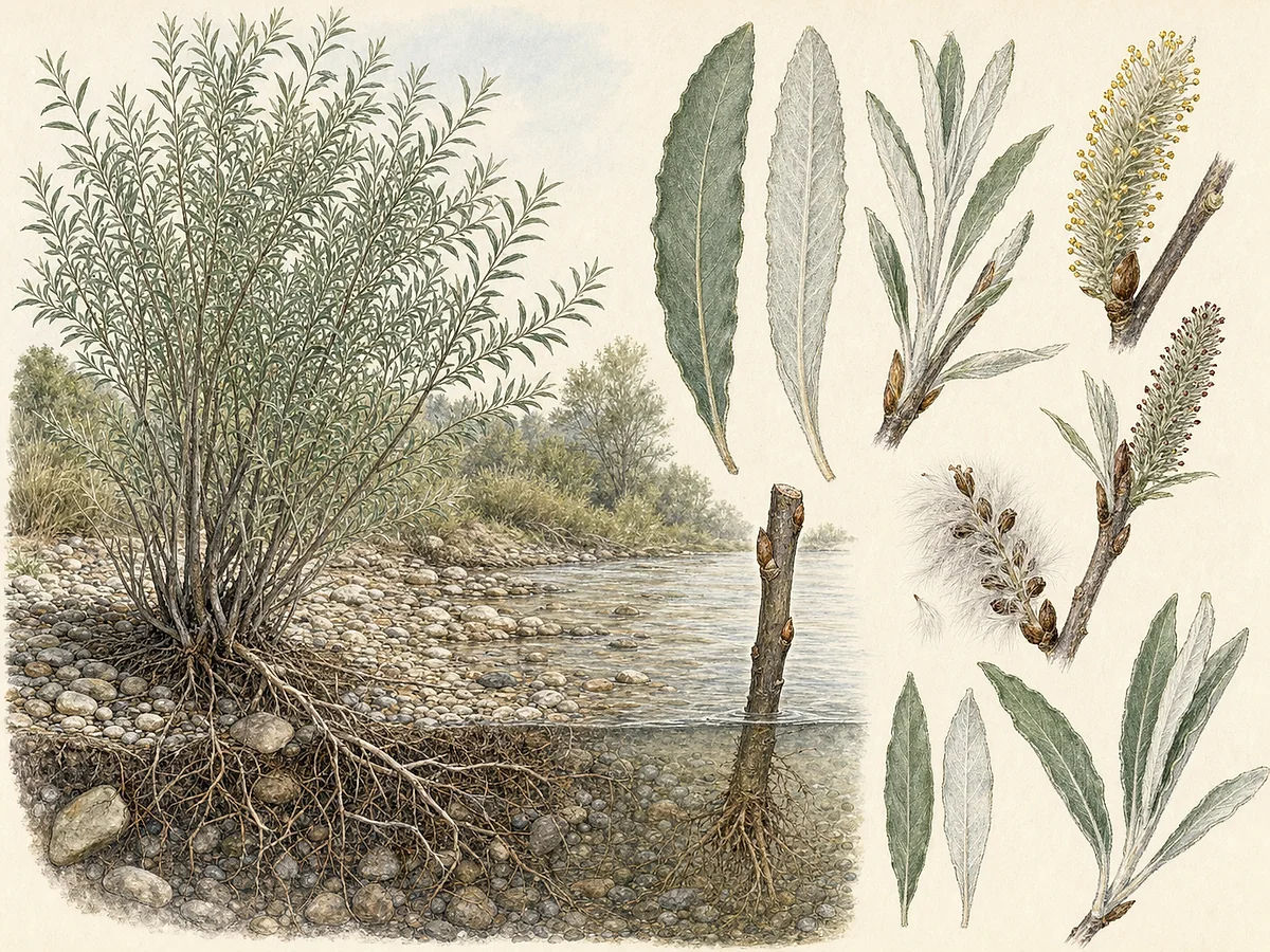 Prancha botânica de Salix salviifolia subsp. salviifolia com moita ribeirinha, folhas estreitas enrugadas e tomentosas, amentilhos masculinos e femininos e ramo jovem