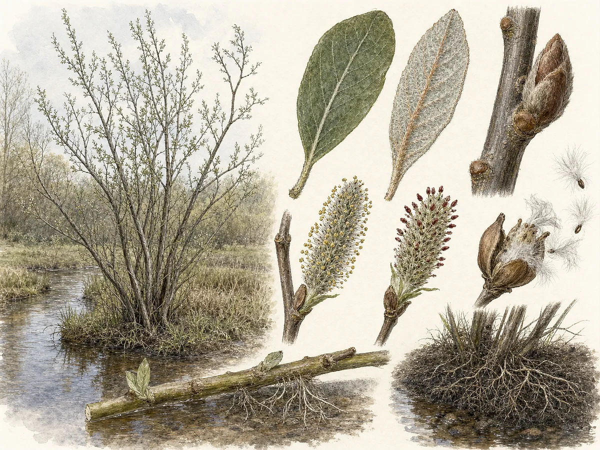 Prancha botânica de Salix atrocinerea com arbusto multicauloso, folhas elípticas verde-acinzentadas e pilosas por baixo, amentilhos e cápsulas com sementes sedosas