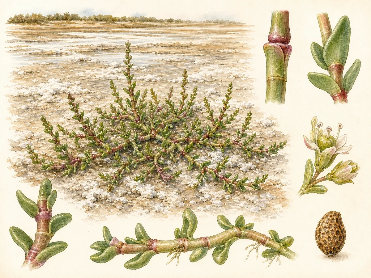Prancha botânica de Halopeplis amplexicaulis com pequena anual prostrada, ramos carnudos articulados, folhas alternas amplexicaules, espigas florais minúsculas e semente