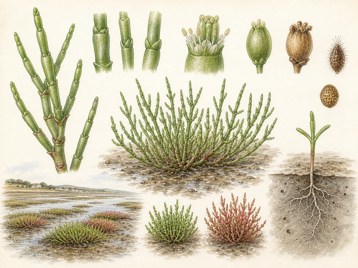 Prancha botânica de Salicornia ramosissima com tapete anual verde e avermelhado, caules articulados suculentos, espigas florais discretas e sementes