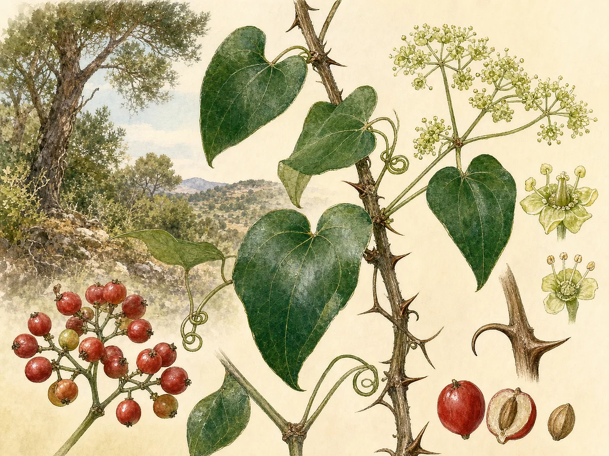 Prancha botânica de Smilax aspera com liana perenifólia espinhosa, folhas cordiformes coriáceas, gavinhas aos pares, flores em umbela e bagas vermelhas