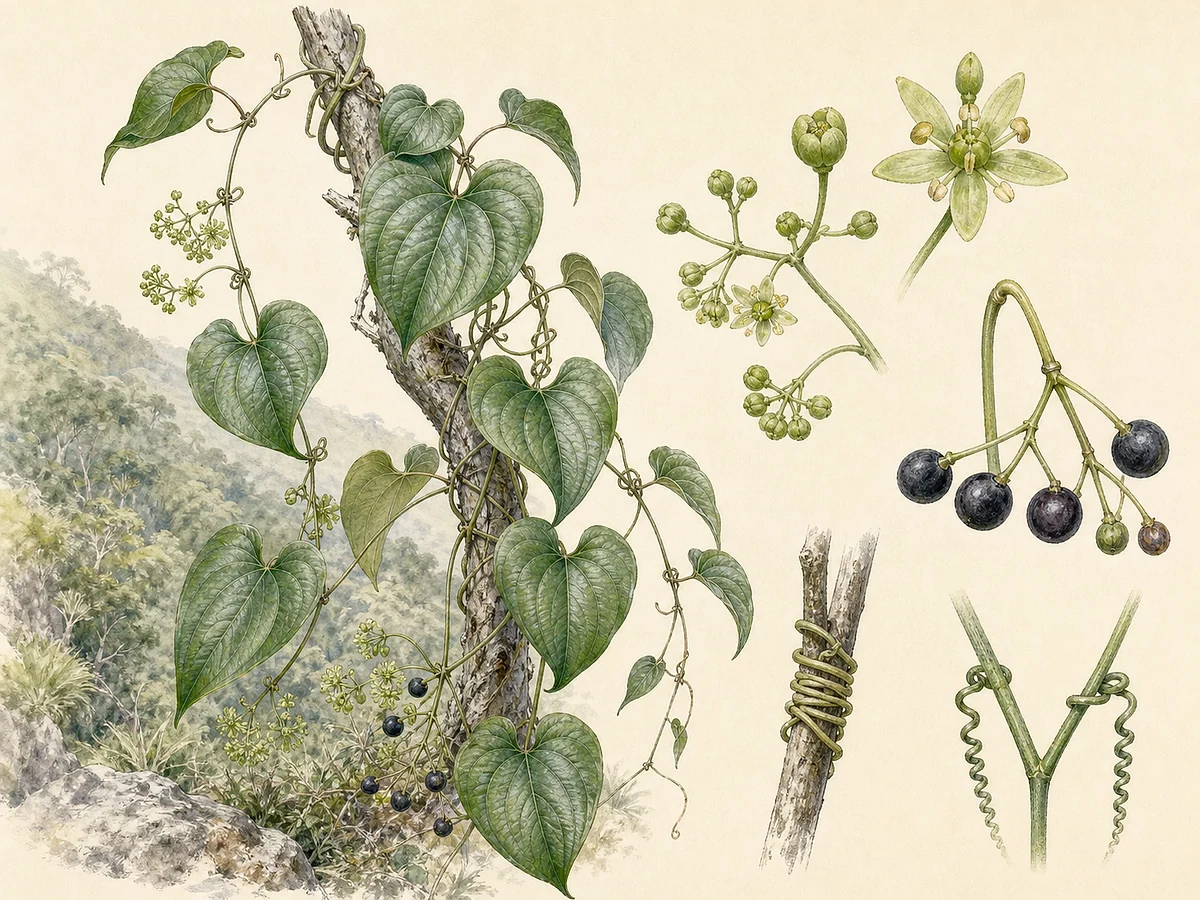Prancha botânica documental de Smilax pendulina, trepadeira endémica da Madeira registada no arquipélago da Madeira