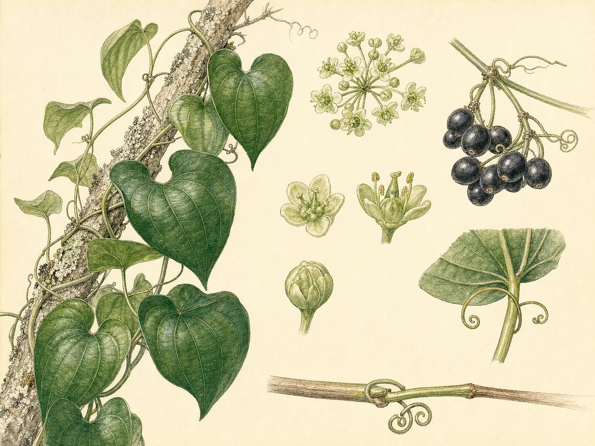 Prancha botânica documental de Smilax canariensis, trepadeira autóctone registada no arquipélago da Madeira