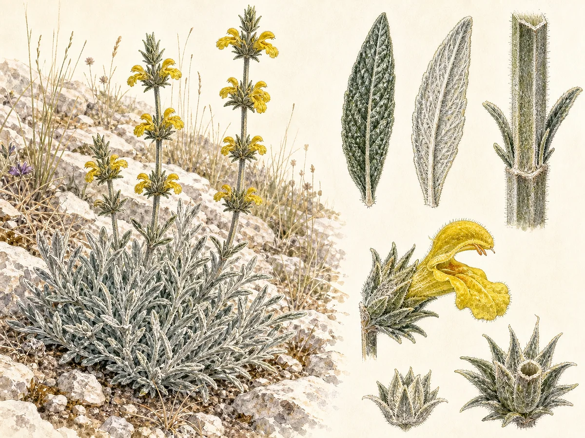 Prancha botânica de Phlomis lychnitis com subarbusto cinzento lanoso, folhas estreitas, flores amarelas bilabiadas em verticilos espaçados e cálices persistentes