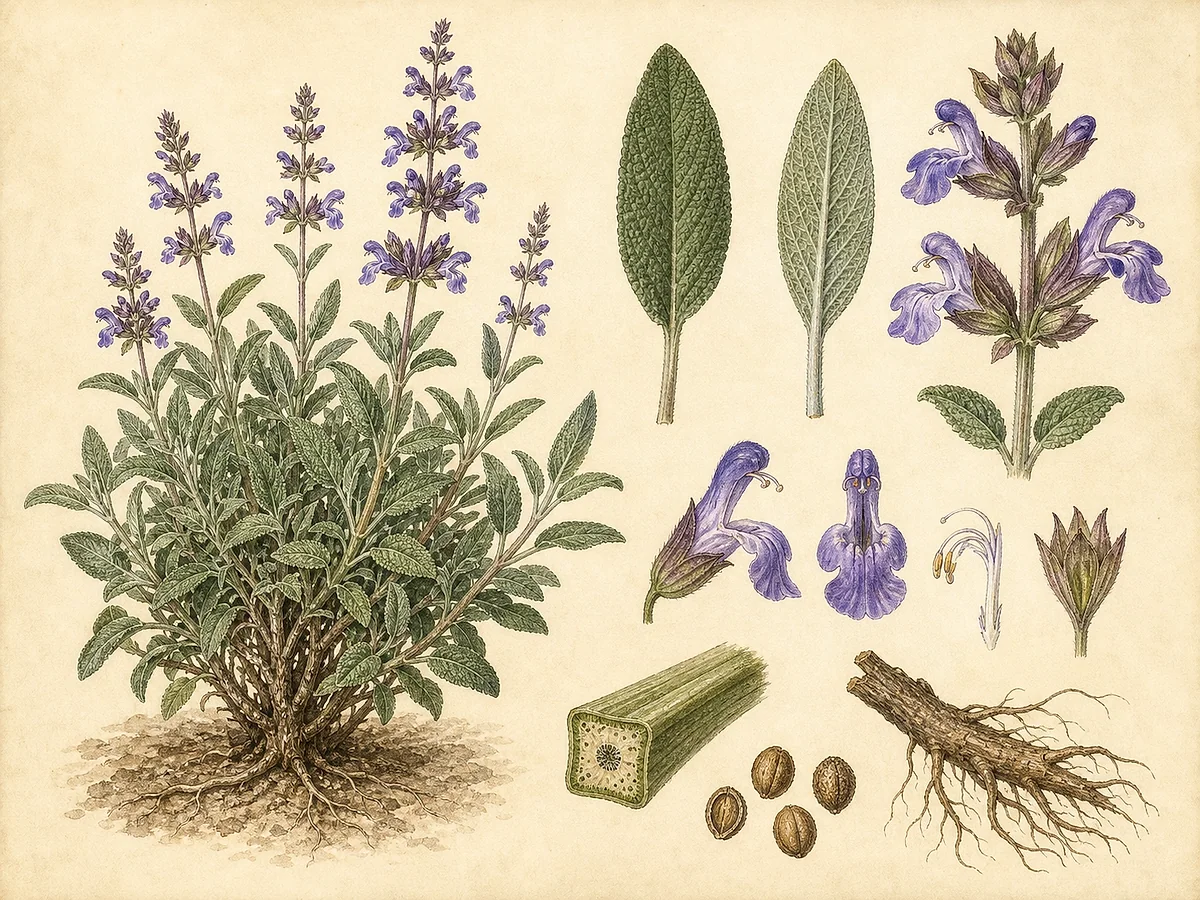 Ilustração botânica de salva-comum com subarbusto de folhas cinzento-verdes aveludadas, espigas de flores violetas, cálice, frutos e ramo colhido