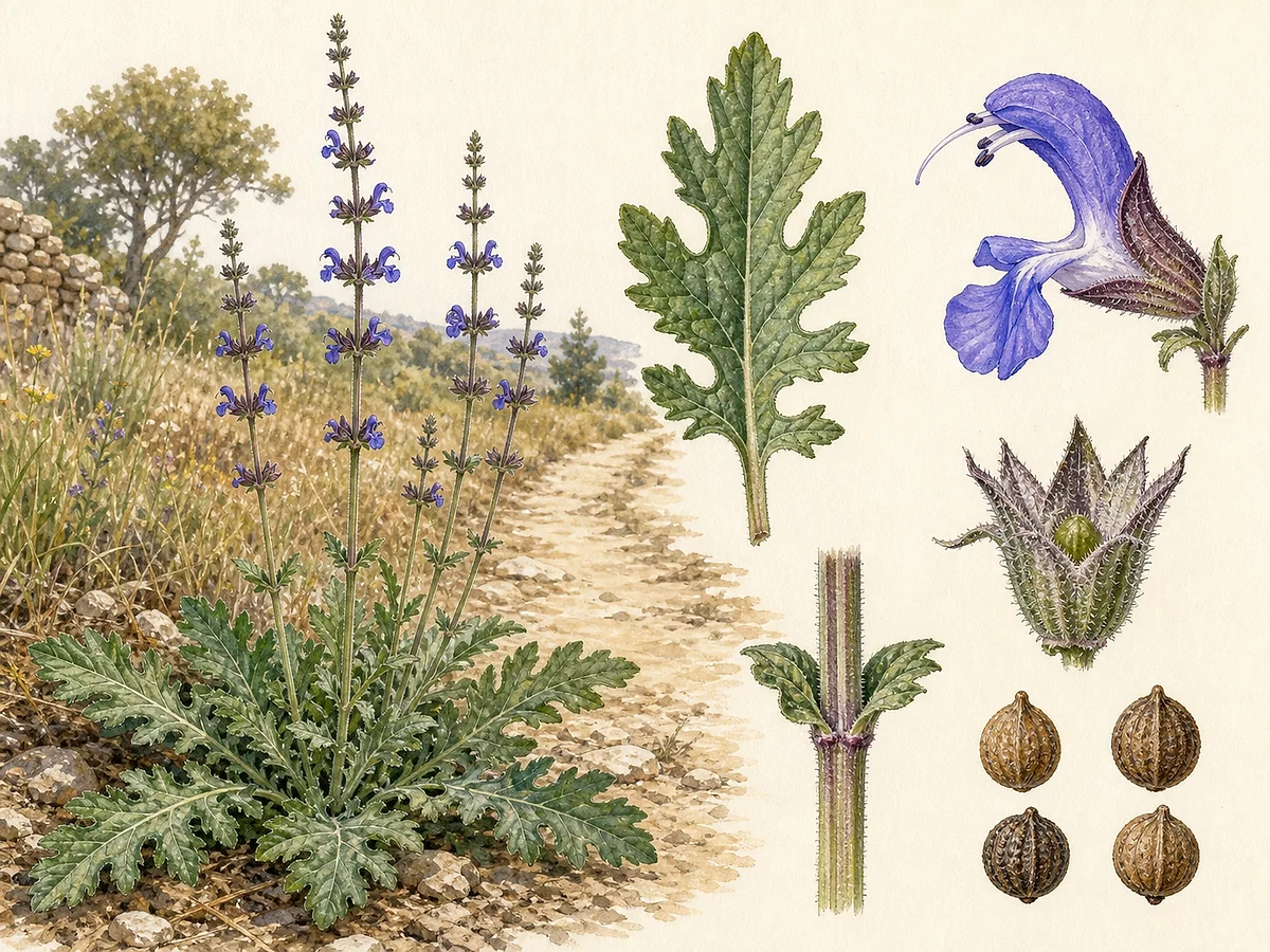 Prancha botânica de Salvia verbenaca com roseta basal de folhas profundamente lobadas, caule quadrangular, verticilos espaçados de flores azul-violeta e núculas