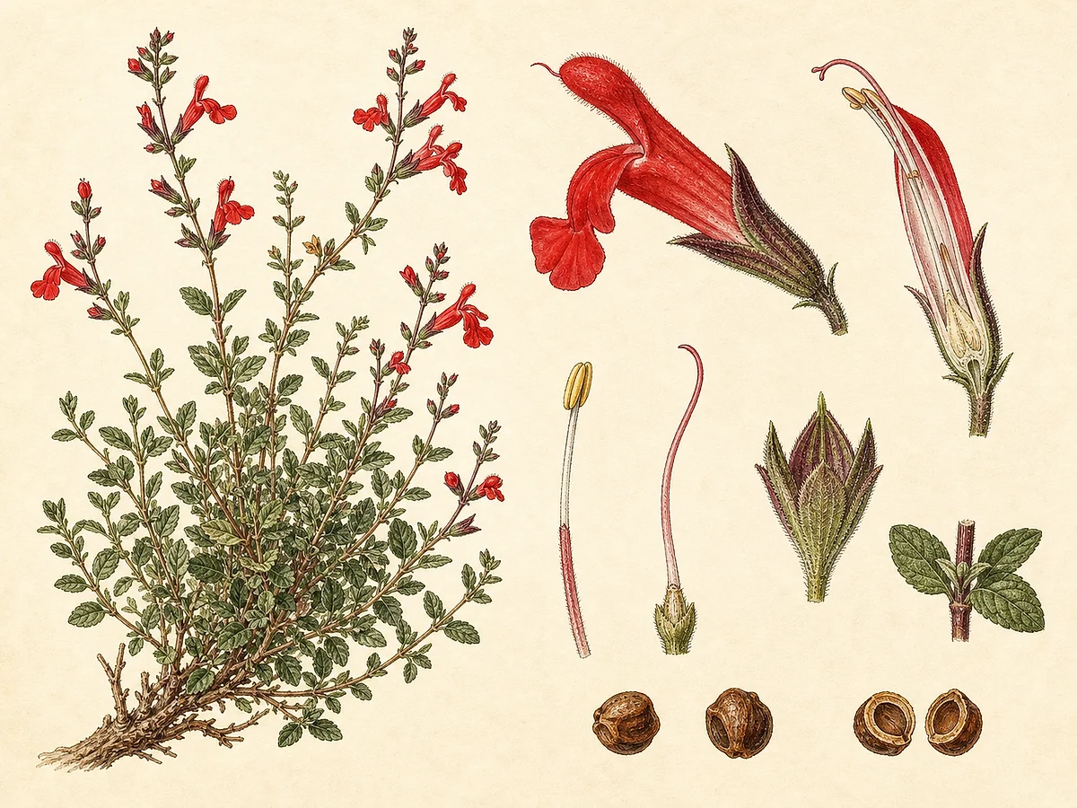 Prancha botânica de Salvia greggii com subarbusto, folhas pequenas, flores tubulares vermelhas, cálice e núculas