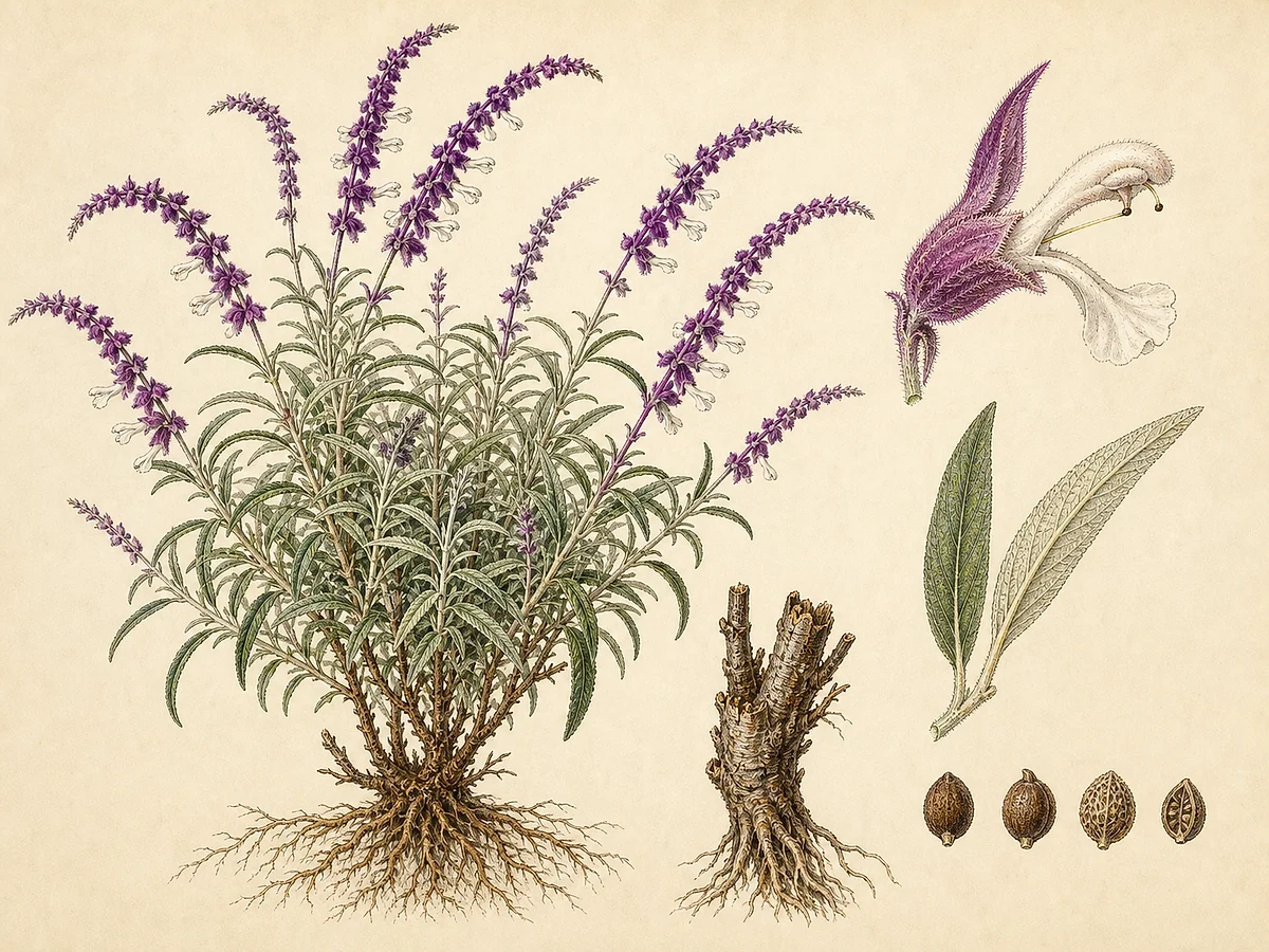 Prancha botânica de Salvia leucantha com subarbusto, folhas estreitas de verso branco e espigas aveludadas roxas e brancas