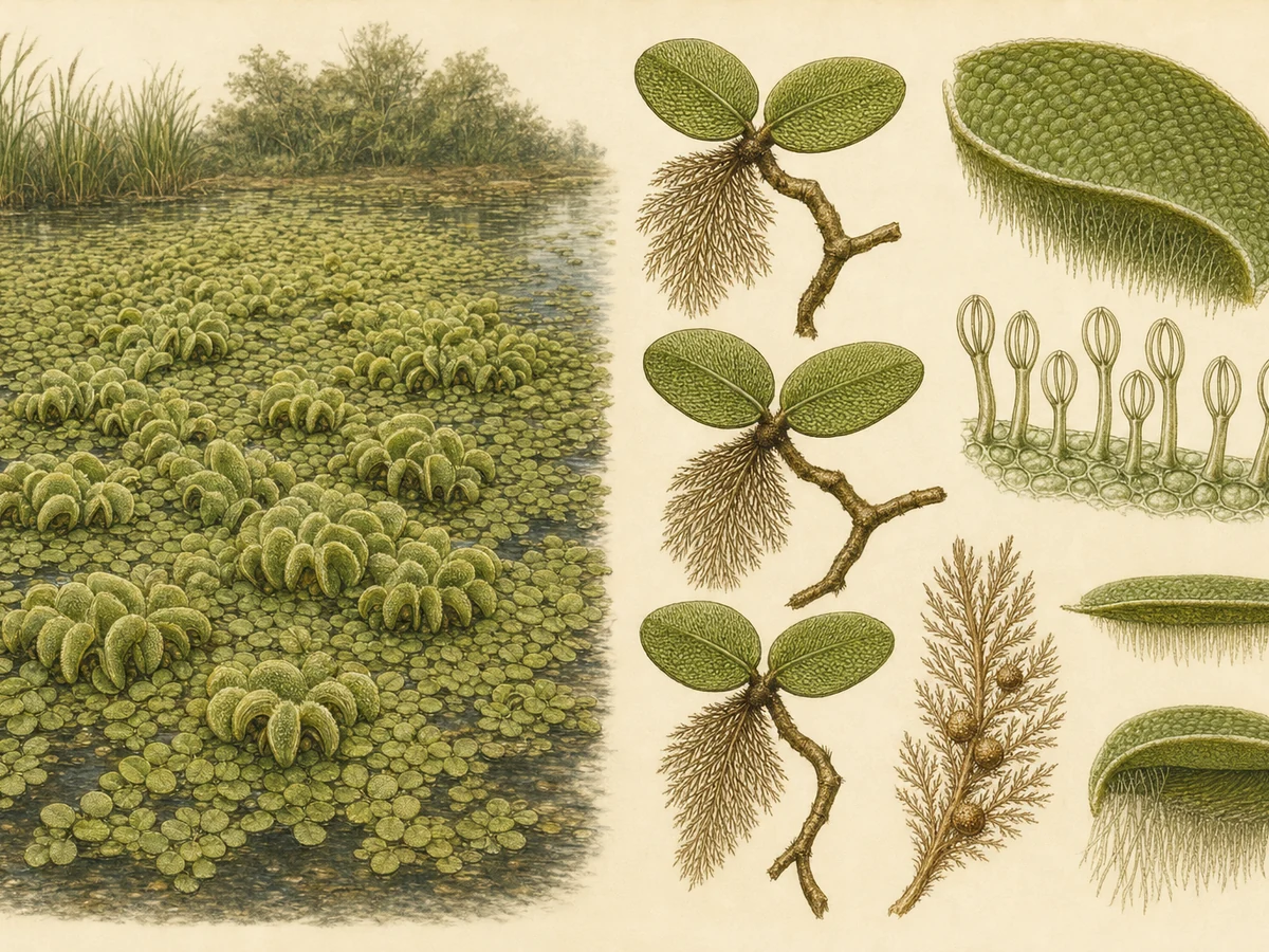 Prancha ilustrada de Salvinia molesta com tapete flutuante, pares de frondes verdes e fronde submersa dividida, pelos em batedor de ovos, esporocarpos e formas jovem e madura