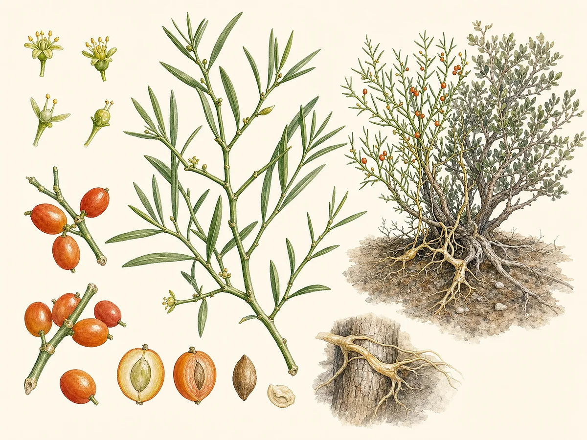 Prancha botânica de Osyris lanceolata com arbusto perenifólio, ramos verdes, folhas estreitas lanceoladas, flores pequenas e drupas alaranjadas