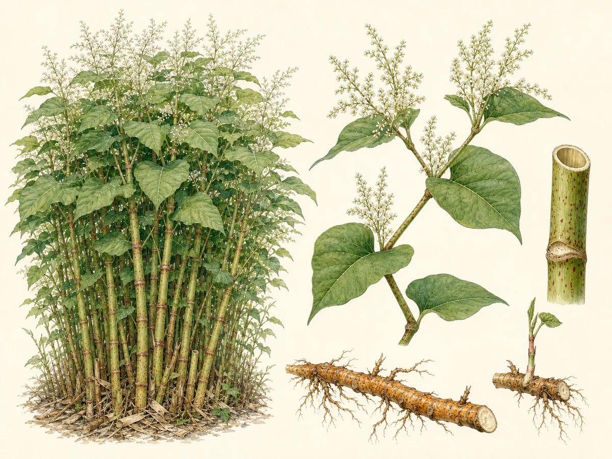 Prancha botânica de Fallopia japonica com caniço denso, caule oco mosqueado, folhas truncadas, flores brancas e rizoma fragmentado