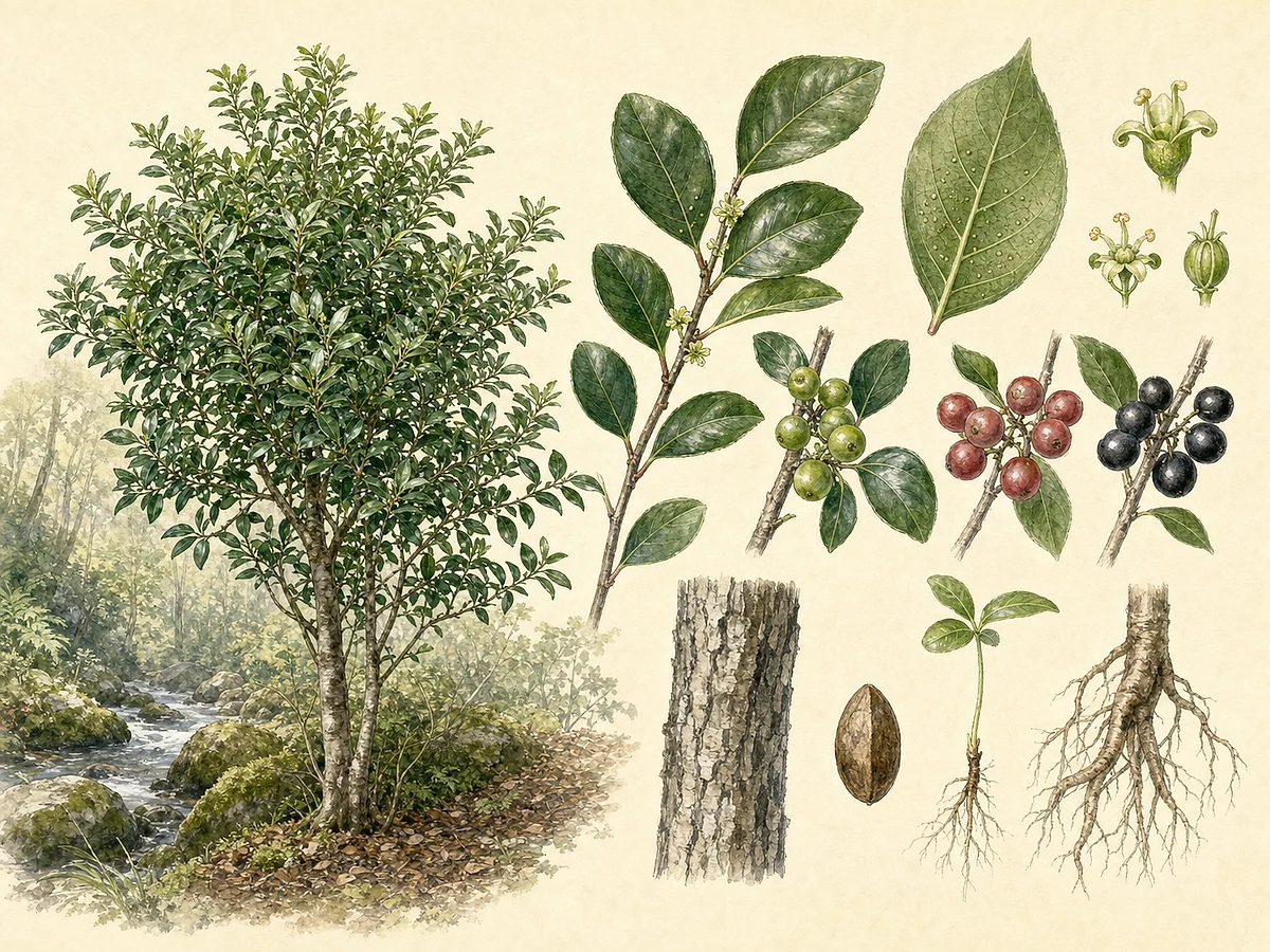 Prancha botânica de Rhamnus glandulosa com pequena árvore, folhas alternas lustrosas com glândulas, flores esverdeadas, frutos verdes, vermelhos e negros, casca e raízes