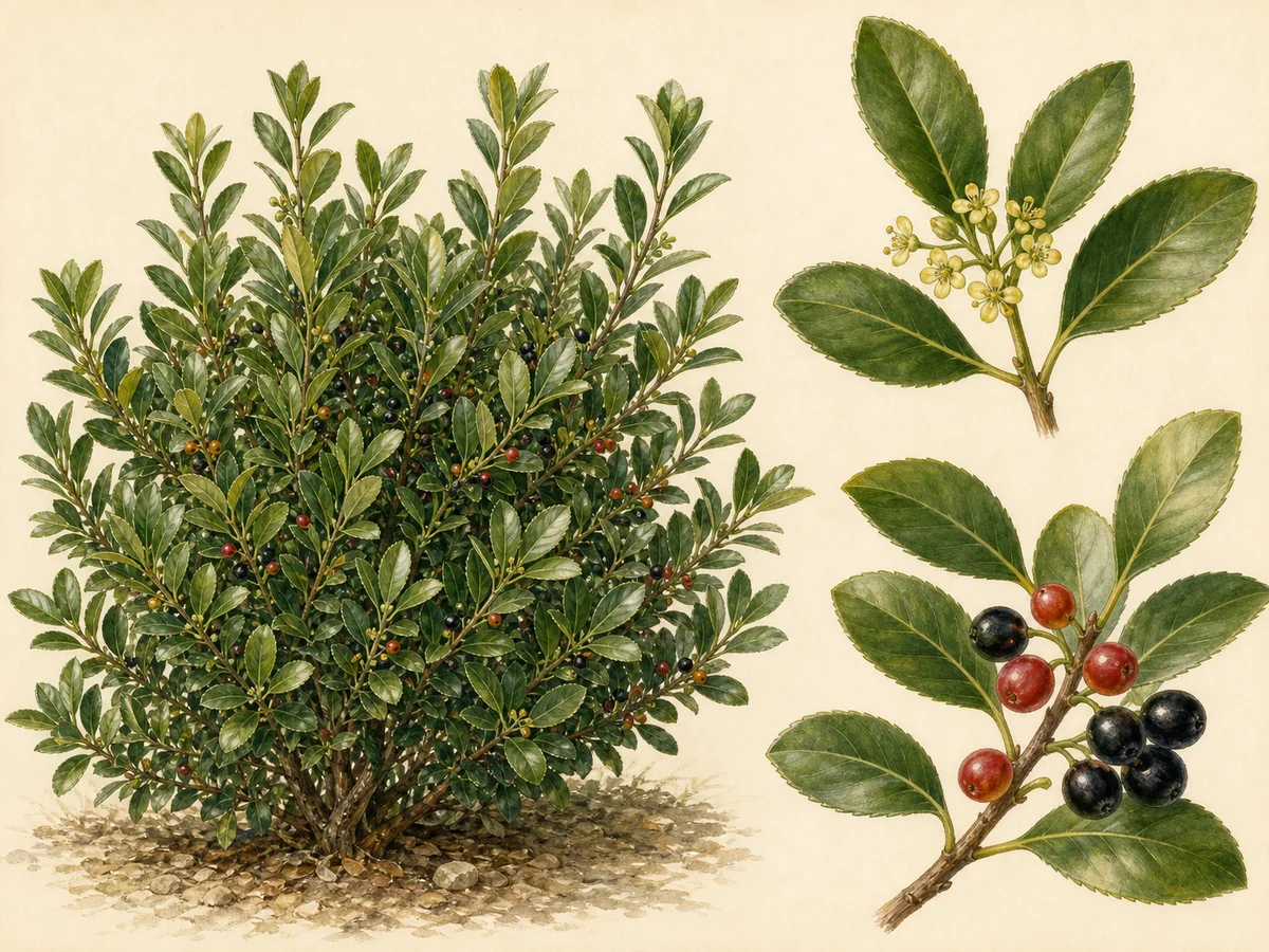 Ilustração botânica de sanguinho-das-sebes com folhas coriáceas serrilhadas, flores amarelo-esverdeadas e drupas vermelhas a negras